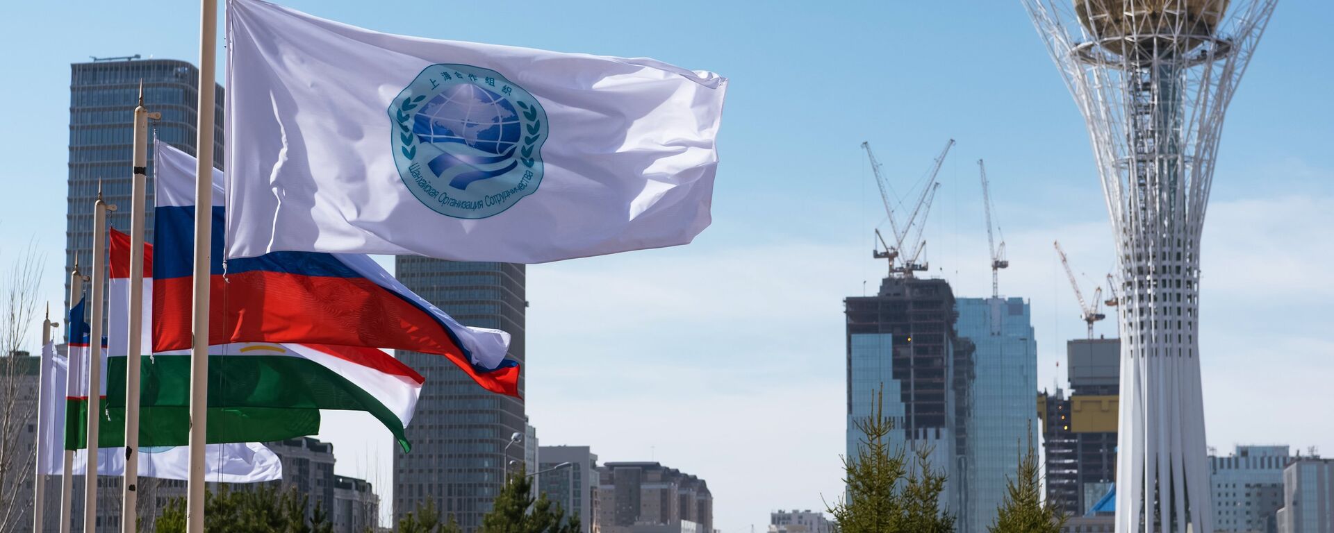 La bandera de la Organización de Cooperación de Shanghái (OCS) y las banderas de sus miembros, Astaná, Kasajistán  - Sputnik Mundo, 1920, 15.08.2022