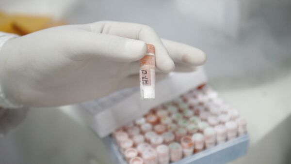 Un investigador sostiene un tubo de ensayo lleno de células madre dentro de un laboratorio del Centro de Investigación del Genoma Humano de la Universidad de Sao Paulo - Sputnik Mundo