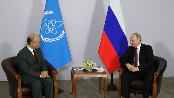 El director general del Organismo Internacional de la Energía Atómica, Yukiya Amano y el presidente de Rusia, Vladímir Putin - Sputnik Mundo