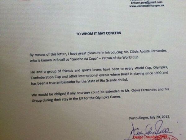 Carta que el consulado británico en Porto Alegre envió en apoyo de Clovis Fernandes con motivo de Londres 2012 - Sputnik Mundo