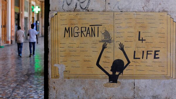Un cartel en el que se lee 'Migrante - V es Vida' - Sputnik Mundo