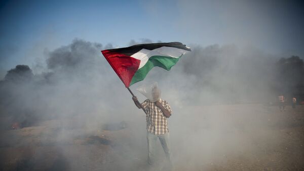Un palestino con la bandera durante las protestas en Gaza - Sputnik Mundo