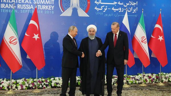 Vladímir Putin, el presidente de Rusia, Recep Tayyip Erdogan, el presidente de Turquía, y Hasán Rohaní, el presidente de Irán - Sputnik Mundo