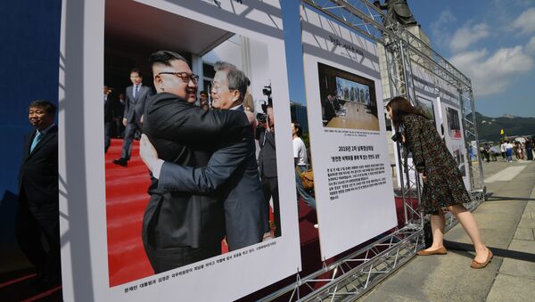 Cartel con líderes de ambas Coreas - Sputnik Mundo