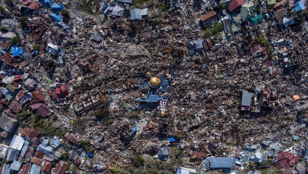 Vista aérea de una zona devastada por un terremoto en Indonesia - Sputnik Mundo
