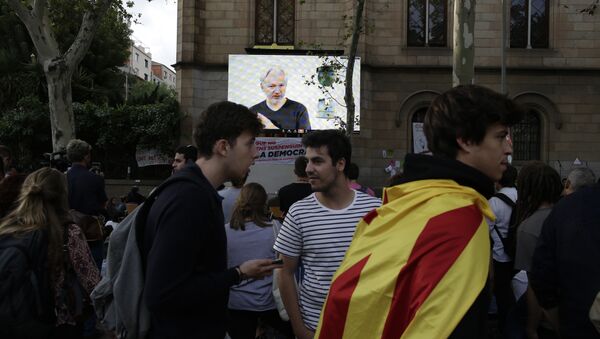Julian Assange durante una videoconferencia en Barcelona - Sputnik Mundo