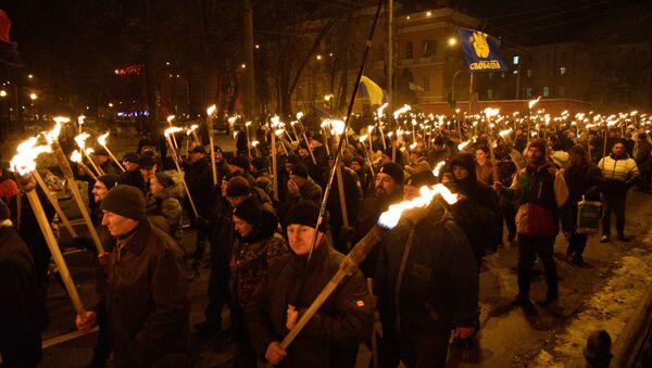 La marcha con motivo del 110 aniversario del nacimiento del nacionalista ucraniano Stepán Bandera - Sputnik Mundo
