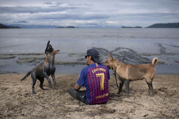 Un hombre con dos perros en el festival de barro Bloco da Lama en Brasil. - Sputnik Mundo