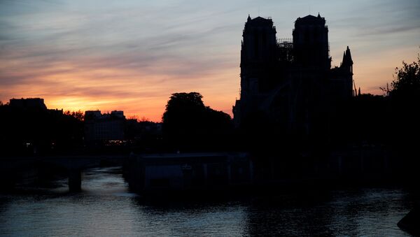 Las torres de la catedral de Notre-Dame se reflejan en el río Sena al atardecer - Sputnik Mundo