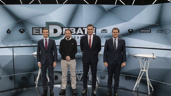 De izquierda a derecha, Pablo Casado, Pablo Iglesias, Pedro Sánchez y Albert Rivera, los principales líderes políticos españoles - Sputnik Mundo