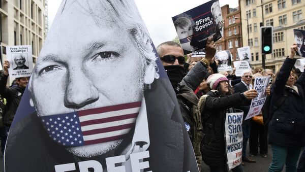 Partidarios de Julian Assange, fundador de WikiLeaks, cerca del juzgado de Westminster, Reino Unido (archivo) - Sputnik Mundo