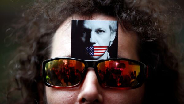 Un manifestante lleva una foto de Julian Assange en sus gafas de sol - Sputnik Mundo
