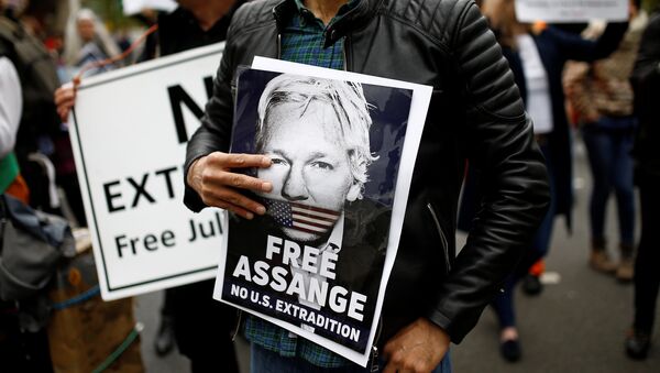 Una persona con un retrato de Julian Assange - Sputnik Mundo