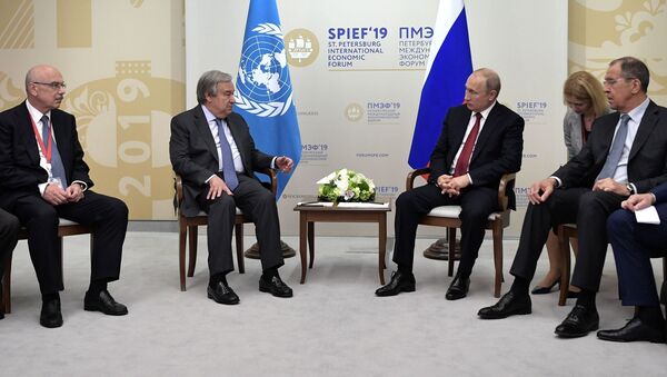 El secretario general de la ONU, António Guterres, presidente de Rusia, Vladímir Putin, y el canciller ruso, Serguéi Lavrov - Sputnik Mundo