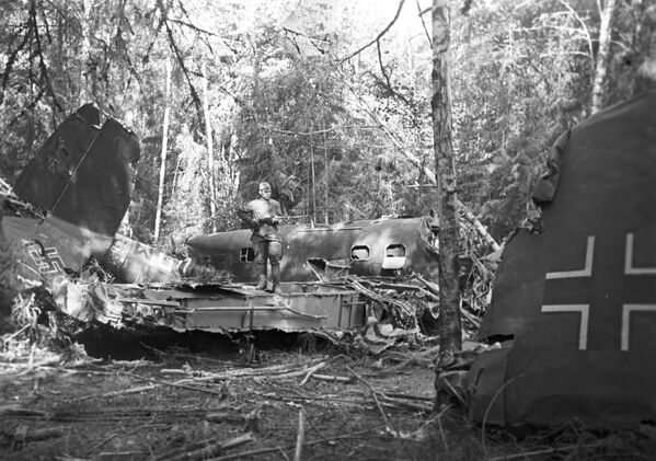 Los artilleros antiaéreos soviéticos derribaron un avión de combate alemán en los bosques cercanos a Moscú, verano de 1941. - Sputnik Mundo