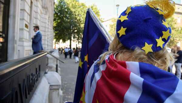 Una mujer con la bandera del Reino Unido y una boina con las estrellas de la UE - Sputnik Mundo
