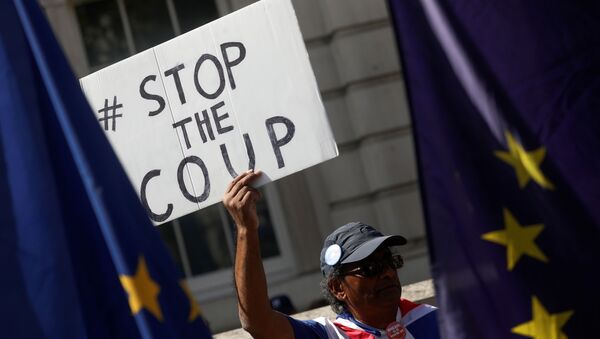 Un manifestante anti-Brexit sostiene una pancarta en Londres - Sputnik Mundo