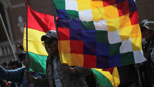 La bandera wiphala y la tradicional de Bolivia alzada por un manifestante durante una marcha en La Paz en apoyo a Evo Morales, noviembre de 2019 - Sputnik Mundo