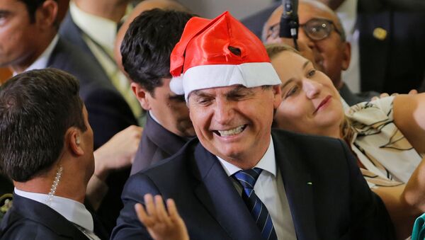 El presidente de Brasil, Jair Bolsonaro, usando un sombrero de Navidad - Sputnik Mundo