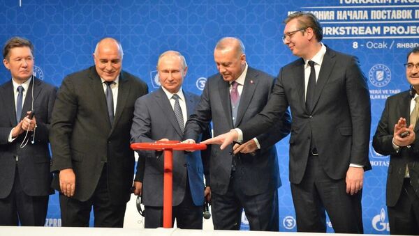 El primer ministro búlgaro, Boiko Borisov, el presidente de Rusia, Vladímir Putin, el presidente turco, Recep Tayyip Erdogan, y el presidente serbio, Aleksandar Vucic - Sputnik Mundo