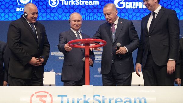 El primer ministro búlgaro, Boiko Borisov; el presidente de Rusia, Vladímir Putin; el presidente turco, Recep Tayyip Erdogan; y el presidente serbio, Aleksandar Vucic, en la inauguración del Turk Stream - Sputnik Mundo