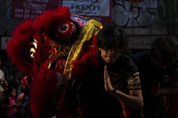 Un joven agradece los aplausos del público al terminar su representación en la danza del león, durante el festejo del Año Nuevo chino 4718 en la Ciudad de México.  - Sputnik Mundo