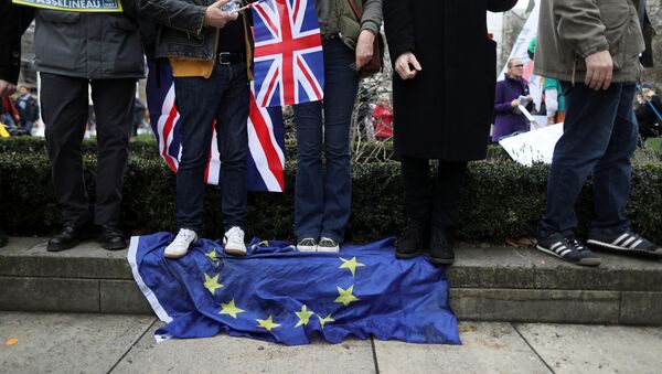 Manifestantes británicos a favor del 'Brexit' pisandouna bandera de la Unión Europea - Sputnik Mundo