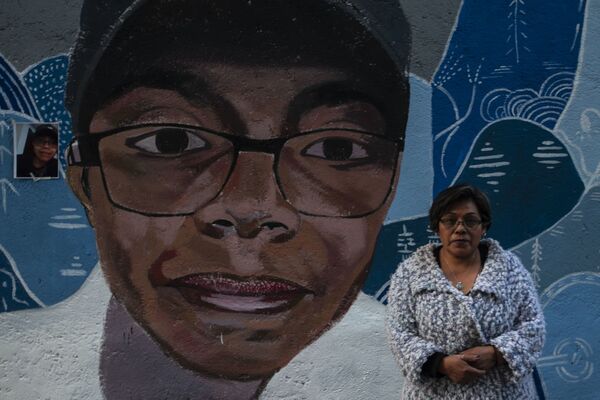 Irma Martínez posa junto al mural de su hijo Felipe de Jesús Olvera Martínez, desaparecido el 3 de marzo del 2019. El mural fue ubicado próximo a la calle Camino Real a San Andrés, en la colonia Primavera de la Alcaldía Tlalpan, donde se lo vio por última vez.  - Sputnik Mundo