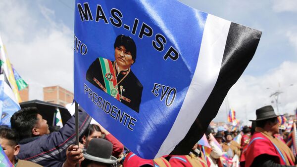 Simpatizantes del Movimiento Al Socialismo con una bandera de Evo Morales - Sputnik Mundo