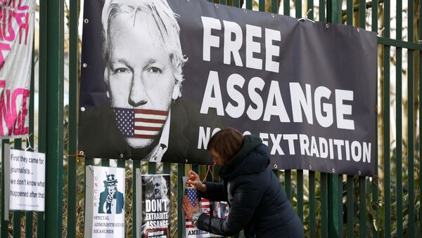 Un cartel con el rostro del fundador de WikiLeaks,  Julian Assange - Sputnik Mundo