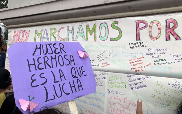 Carteles durante la marcha de mujeres del 9 de marzo de 2020 en Buenos Aires, Argentina - Sputnik Mundo
