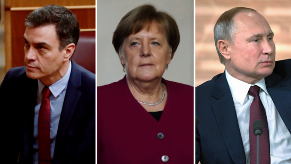 Pedro Sánchez, Angela Merkel y Vladímir Putin - Sputnik Mundo