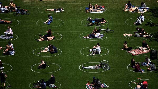 Círculos en el pasto para que las personas respeten el distanciamiento social en Nueva York - Sputnik Mundo