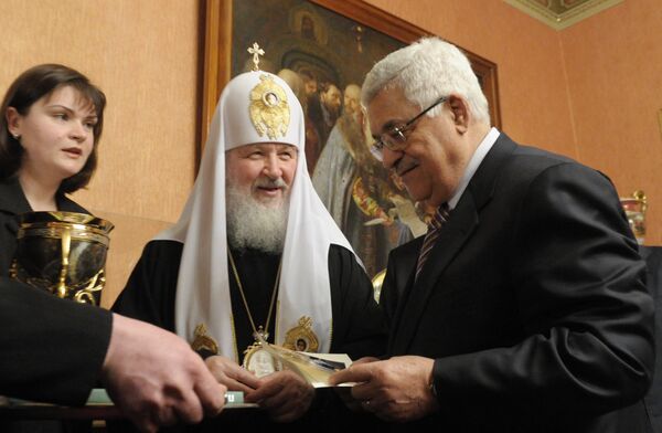 El patriarca de Moscú y toda Rusia, Kiril con el líder de la Autoridad Nacional Palestina, Mahmud Abbas - Sputnik Mundo