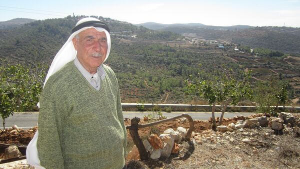 Abás Yusef, un campesino palestino. Detrás, al fondo, se ve uno de los asentamientos de la zona donde están sus olivares - Sputnik Mundo
