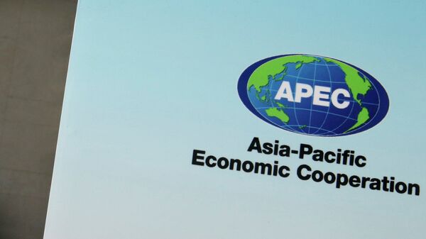 A paramilitary policeman stands guard next to a banner bearing a logo of APEC during the opening of the 2014 APEC Concluding Senior Officials' Meeting, at the China National Convention Centre, in Beijing, November 5, 2014. - Sputnik Mundo