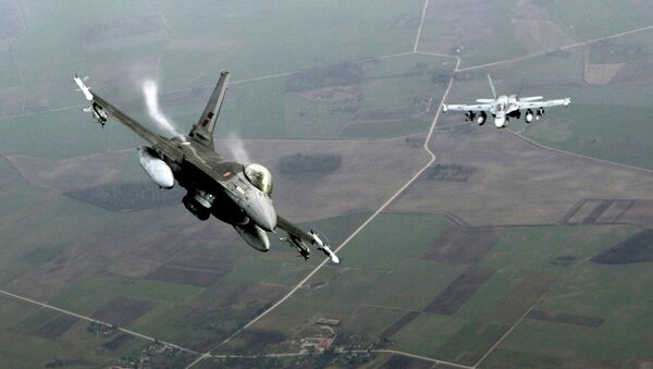 Portuguese Air Force fighter F-16 (L) and Canadian Air Force fighter CF-18 Hornet patrol over Baltics air space, from the Zokniai air base near Siauliai November 20, 2014. - Sputnik Mundo