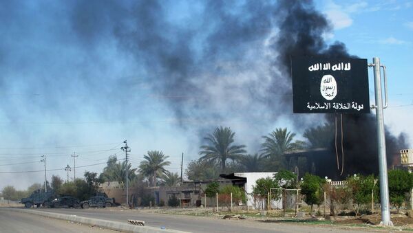 Smoke raises behind an Islamic State flag after Iraqi security forces and Shiite fighters took control of Saadiya in Diyala province from Islamist State militants, November 24, 2014 - Sputnik Mundo